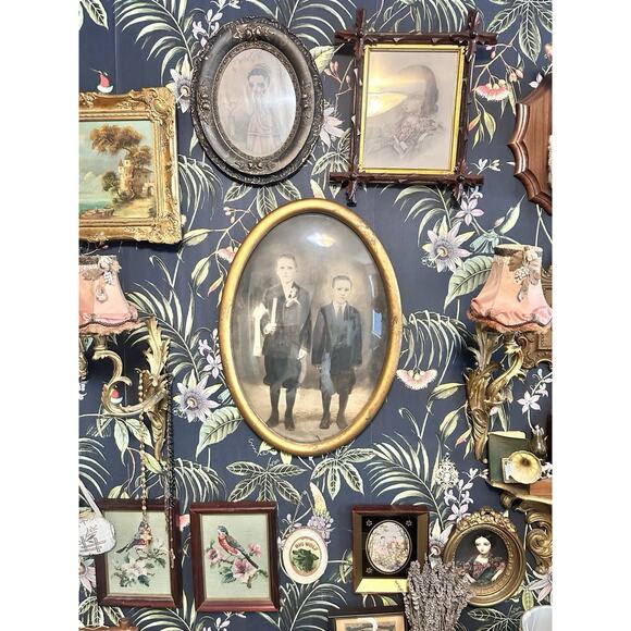 Antique Convex Bubble Glass Oval Picture Frame Two Boys Communion Gold Wood - Picture 2 of 6